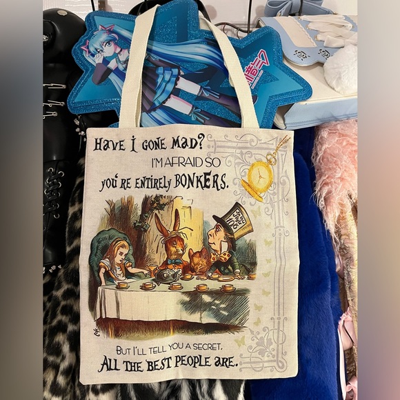 Alice in Wonderland Canvas Shopping Tote Mad Hatter Vintage Print Shoulder Bag - Picture 1 of 3